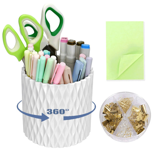 Gawsey 3Pcs 360° Rotating Desk Organizers and Accessories with Pen Holder Sticky Note and Clips Set, Desktop Storage Stationery Supplies Organizer, Cute Pencil Cup for Office, School, Dorm Room