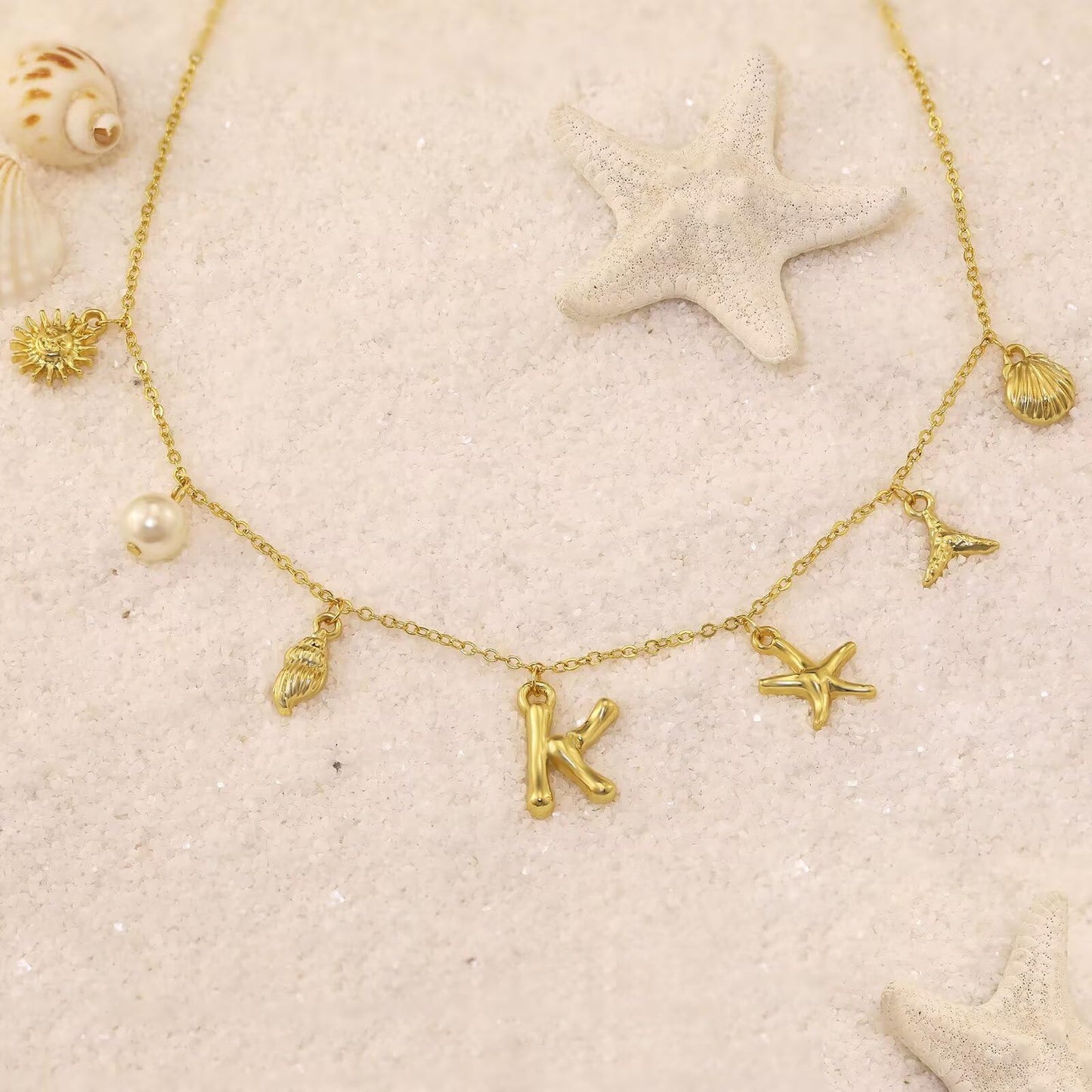 JALZEMPL Initial Charm Necklace For Women Shell Seashell Summer Beach Letter 14K Gold Plated Pendant Starfish Surfer Boho Jewelry Gifts (Q)