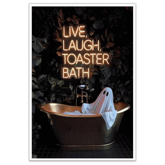 Live Laugh Toaster Bath Neon Poster Spooky Cute Ghost In Bathtub Wall Art Funny Halloween Gothic Dark Academia Canvas Print Vintage Quirky Painting Home Artwork Aesthetic 12x16inch Unframed