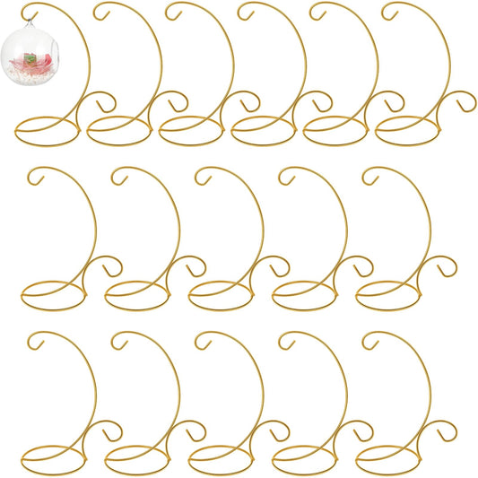Tandefio 16 Pcs 9" H Ornament Display Stand Iron Hanging Stand Christmas Ornament Hanger Holder Decoration Display Holder Hook for Glass Globe Air Plant Terrarium Table Decor(Gold)