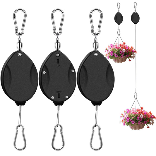 ZUZUAN 3 Pcs Upgraded Heavy Duty Retractable Plant Hanger,Plant Pulleys for Hanging Plants,Easy to Raise and Lower,Auto Lock,Adjustable Hook for Garden Baskets Pots,Birds Feeder and Grow Lights,Black