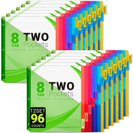 8-Tab Dividers for 3-Ring Binders, 96 Counts 3 Holes Index Dividers with 2 Pockets, Insertable 8 Tabs Binder Divider for 1/2''/1''/2''/3'' inch Binders, 8 Colors (12)