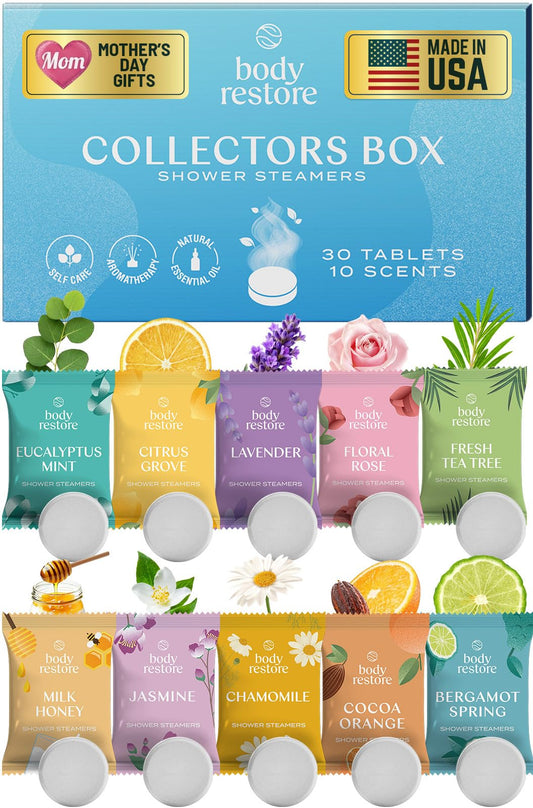 Body Restore Shower Steamers Aromatherapy 30 Pack – Mothers Day Gifts for Mom, Birthday Gifts for Women and Men, Relaxation Stress Relief Self Care – Collectors Box
