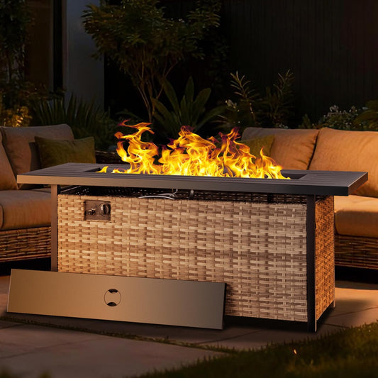 EcoNook 57 inch Propane fire Pit Table with Waterproof Cover & Ratten Side Panel, 50000 BTU Gas Firepit Table with Lid & Lava Rock, Outdoor Fire Pit for Dining or Party, Firepit for Outside, Patio