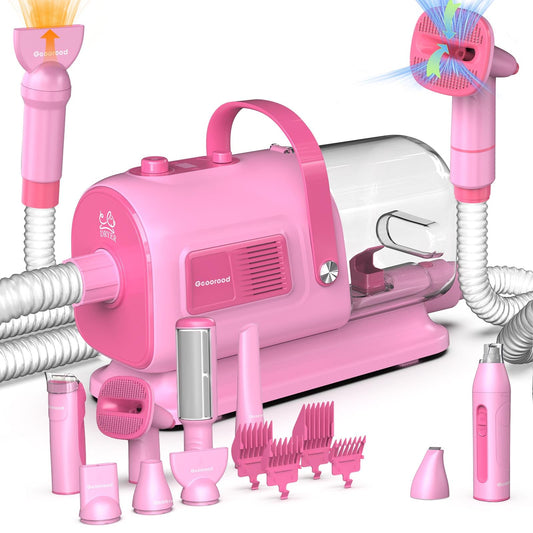 geoorood Dog Grooming Vacuum and Dryer Kit, Blower for Pet Vacuum Grooming 7 in 1 with Clippers for Dogs Hair Shedding Brush Remover Tools at Home Pink