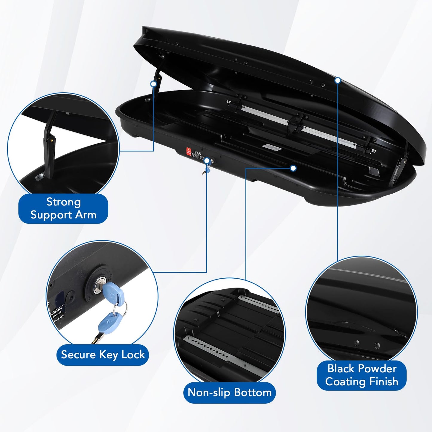Garvee Heavy Duty Hard Shell Roof Top Cargo Carrier - 69(L) x33(W) x11(H) Waterproof Lockable Storage Box Capacity 165 Lbs 17 Cu Ft - Tool-Free Install- Fits SUV, Truck, Van
