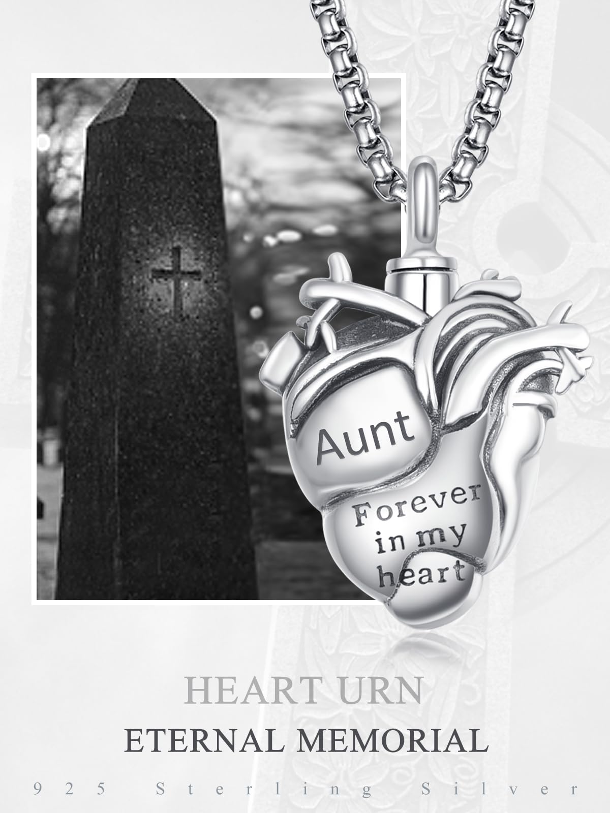 Anatomical Heart Urn Necklaces for Ashes Sterling Silver Ash Pendants Cremation Jewelry Aunt Keepsake Pendant Memorial Jewelry Gifts for Loss of Aunt