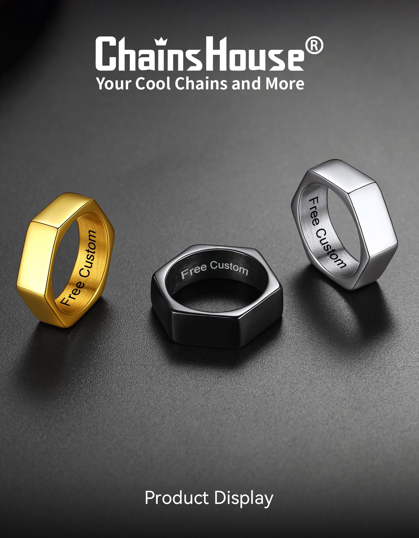 ChainsHouse Personalized Engravable Stainless Steel Black Hexagon Geometric Biker Ring Bands, Size 12