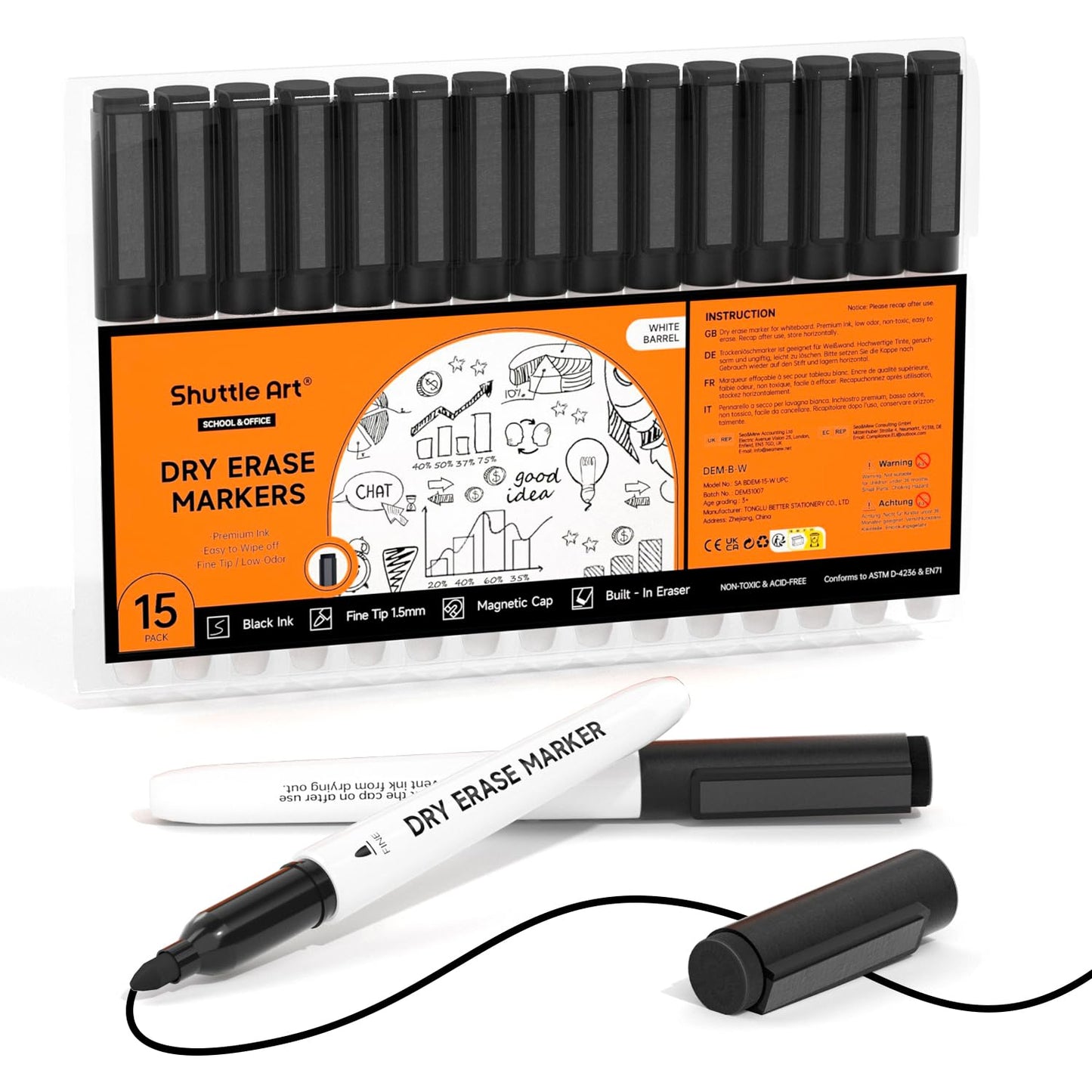 Shuttle Art Black Dry Erase Markers, 60 Pack Magnetic Whiteboard Markers with Erase,Fine Point Dry Erase Markers Perfect For Writing on Whiteboards, Dry-Erase Boards,Mirrors for School Office Home