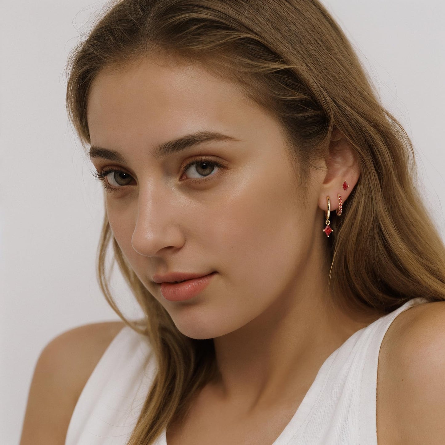 Gold Hoop Earrings Set for Women, Dainty 14K Gold Plated Red Earrings, Hypoallergenic Trendy Small Earring Stacks Multiple Piercing, Huggies Dangle Earring Red Jewelry for Women