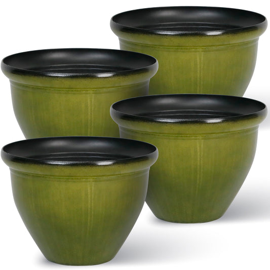Worth Garden 12-Inch Dia. Round Green Plastic Planters with Drain Holes, 9.5-Inch Height - 4-Pack Glossy Finish Bell-Shaped Plant Pot – Lightweight Indoor/Outdoor Flower Pots