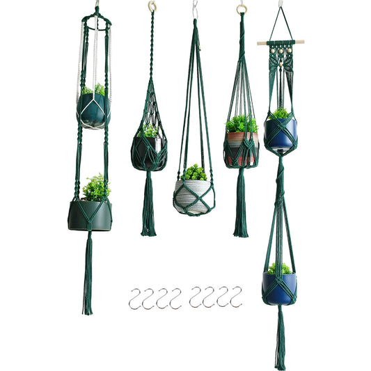 Macravine 5 -Pack Plant Hanging Holder, Indoor Boho Plant Pot Holder, Handmade Art Plant Hanger, Chic Plant Hanger for Ceiling/Window/Garden Decor, 40",50",63", Dark Green(No Pot & Plant Included)