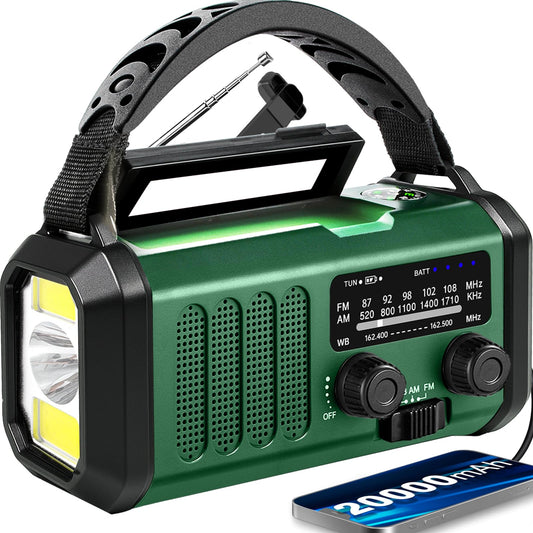 Emergency Weather Radio 20000mAh NOAA/AM/FM with 74000mWh USB/Solar/Hand Crank Charging, Battery Operated, SOS Alarm & Flashlight for Indoor/Outdoor Emergencies (Green)