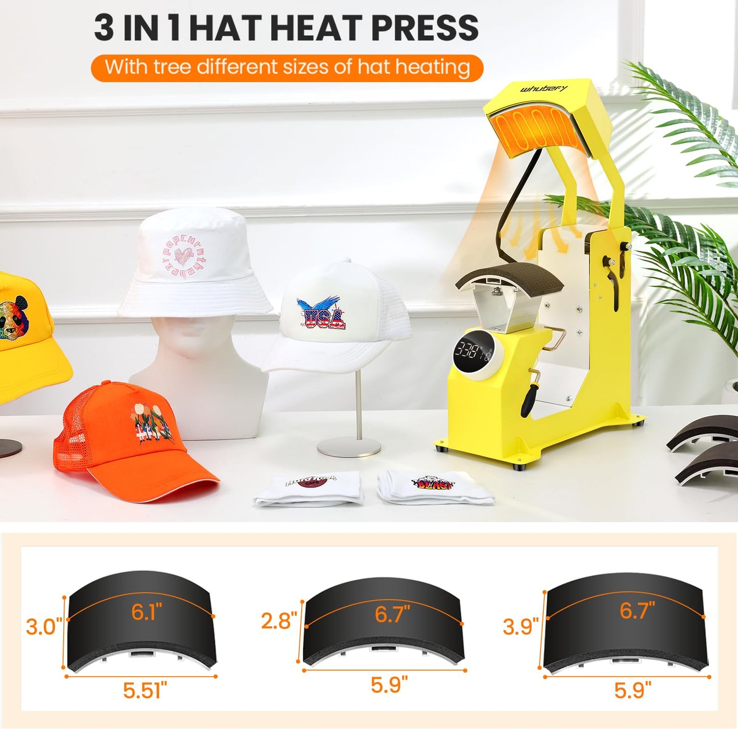 Whubefy Auto Hat Heat Press Machine, 3-in-1 Hat Press Heat Machine for Caps with 3 Platens, Blank Cap, Gloves, Automatic Open/Release, Heat Transfer Cap Heat Press HTV Iron On for Vinyl, Sublimation