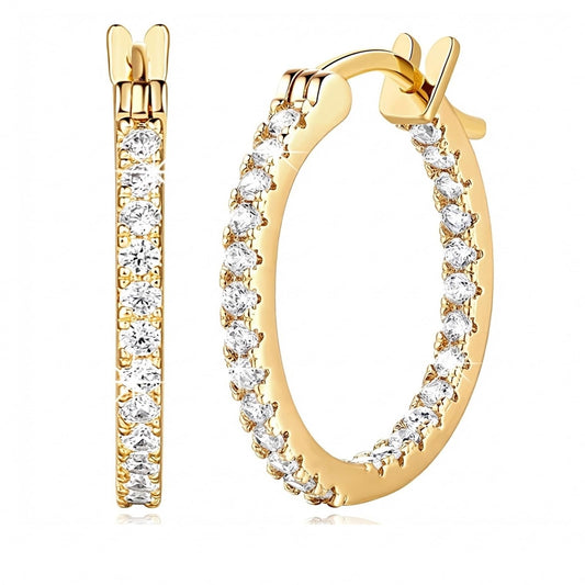 Suiune 14K Yellow Gold Hoop Earrings for Women, Hypoallergenic Dual-Sided Cubic Zirconia Hinged Hoops Jewelry for Woman, 2mm x 30mm
