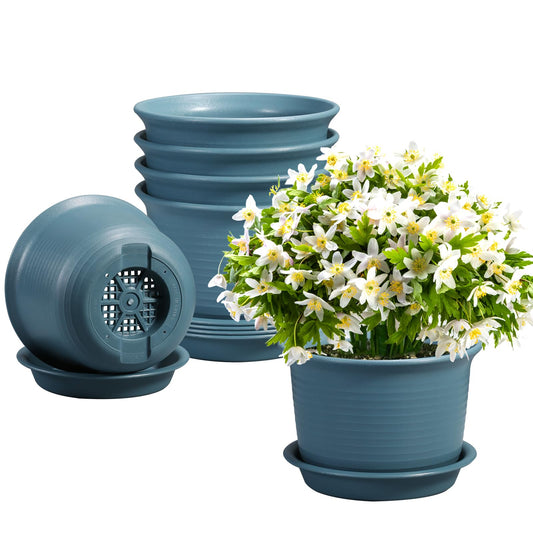 Etvski 6 Pack Flower Pots for Indoor Plants, Plant Pots with Drainage Hole and Tray Saucer, 7" Flower Pot, 6 inch Planters for Indoor Plants(Bluish Gray)