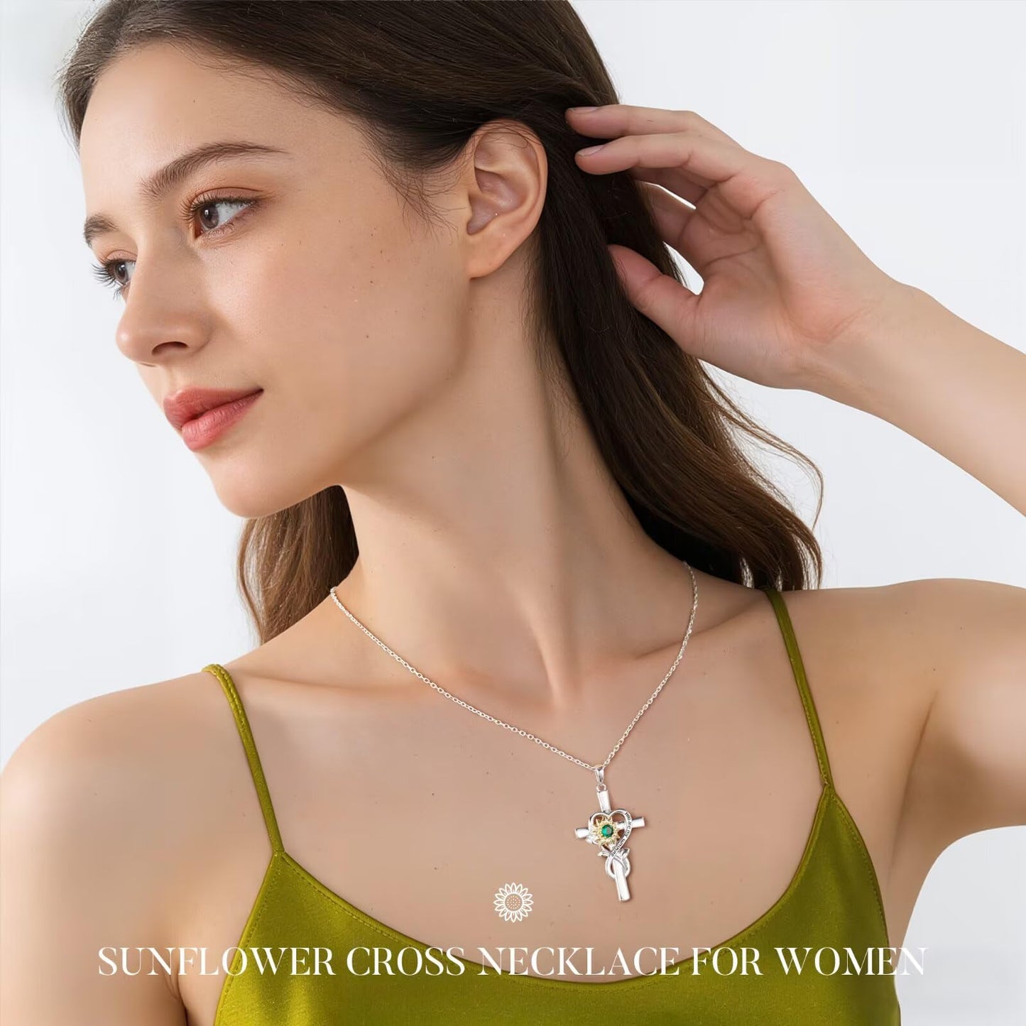 Iefil Cross Sunflower Necklaces for Wife - Simulated Sapphire Necklace, September Jewelry | Anniversary Birthday Gifts for Women, Sunflower Gifts