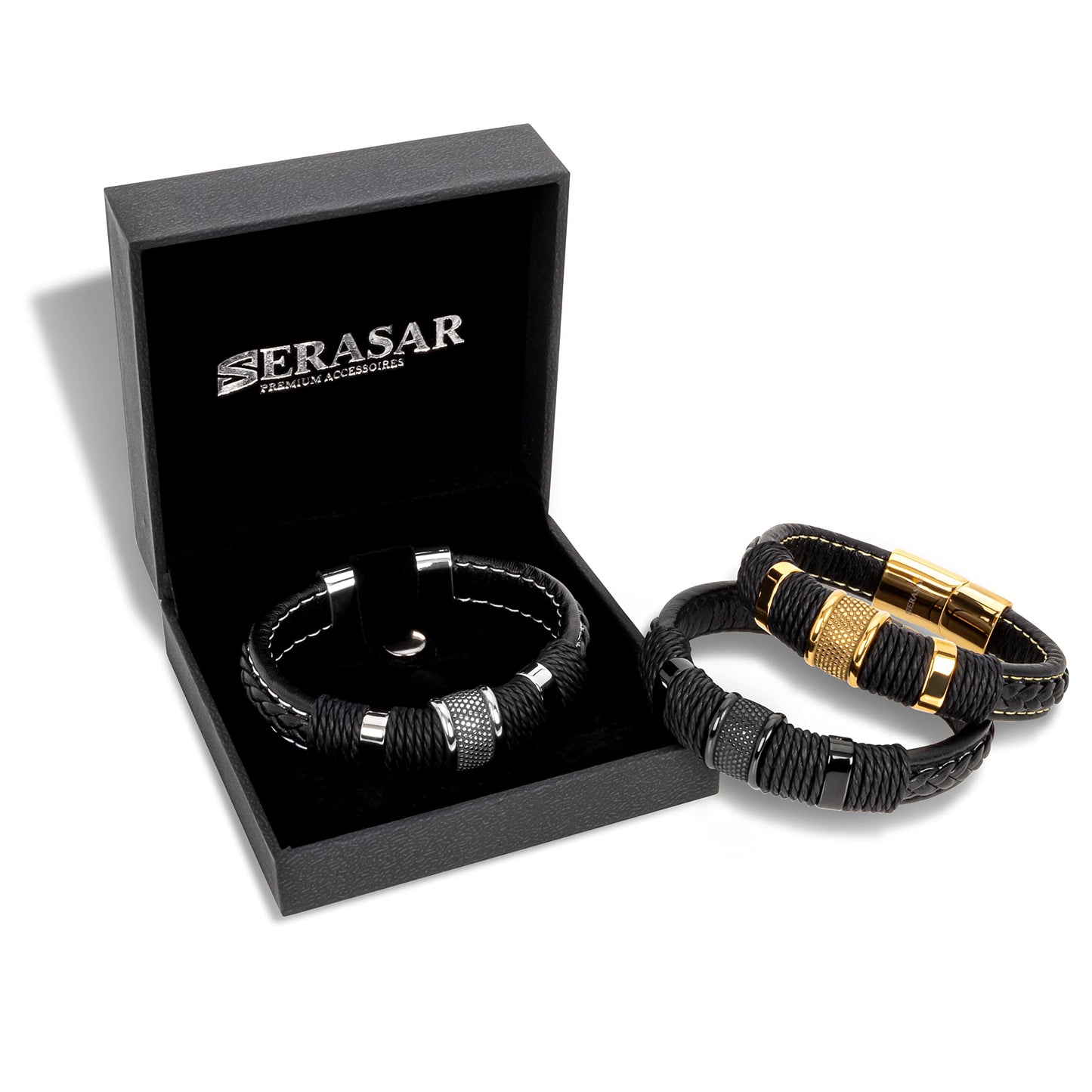 SERASAR Mens Leather Bracelet 17cm Silver Presents Men Gift Box Cowhide Braided Magnetic Clasp Multi Layer Wrap Rope Mans Male Bracelets Band Jewelry Magnet Accessories