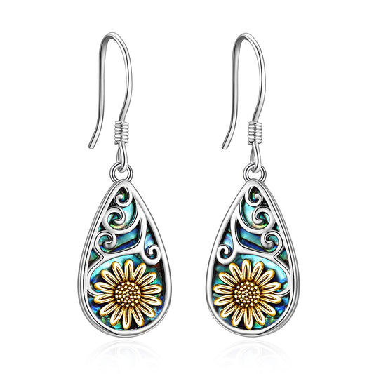 POPLYKE Sunflower Earrings for Women 925 Sterling Silver Teardrop Abalone Earrings Dangle Sunflower Jewelry Gifts Birthday