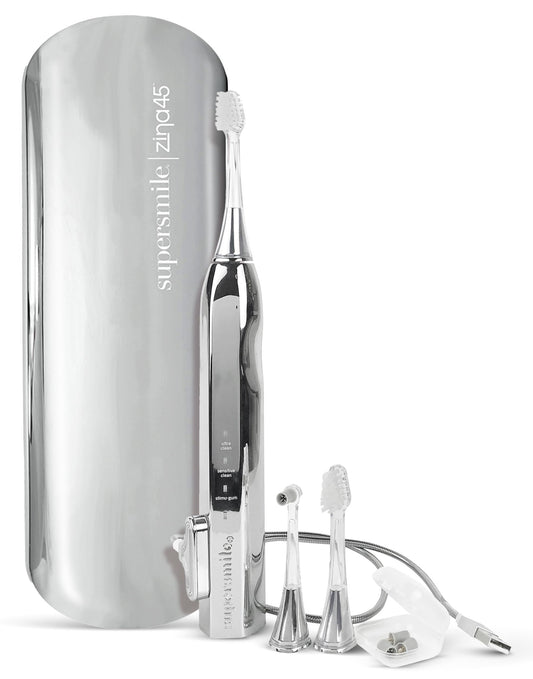 Supersmile Zina45™ Deluxe Sonic Pulse Toothbrush – Rechargeable Electric Brush with Angled Head & Travel Case – for Whiter Teeth and Healthier Gums, Silver