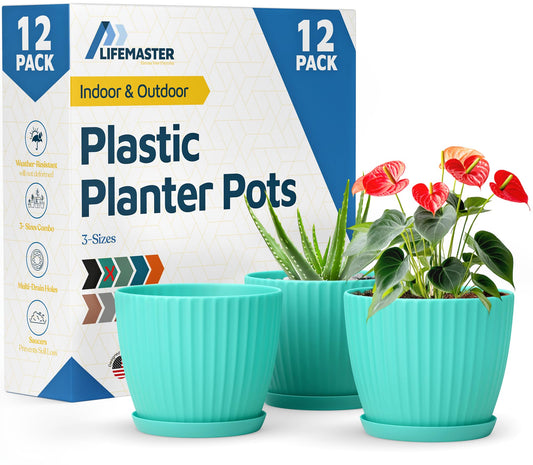 Aqua 6-Inch Plant Pots with Drainage & Saucers 12 Pack, Indoor & Outdoor Planters for Houseplants, Herbs, and Flowers, Durable & Weatherproof Material, Stackable, Lightweight, Minimalist Design