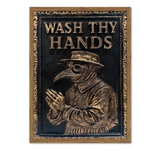 Vintage Plague Doctor Bathroom Wall Art Dark Funny Wash Thy Hands Sign Restroom Decor Picture, Gothic Wash Your Hands Toilet Poster Canvas Print Painting 12x16 inch Wood Framed