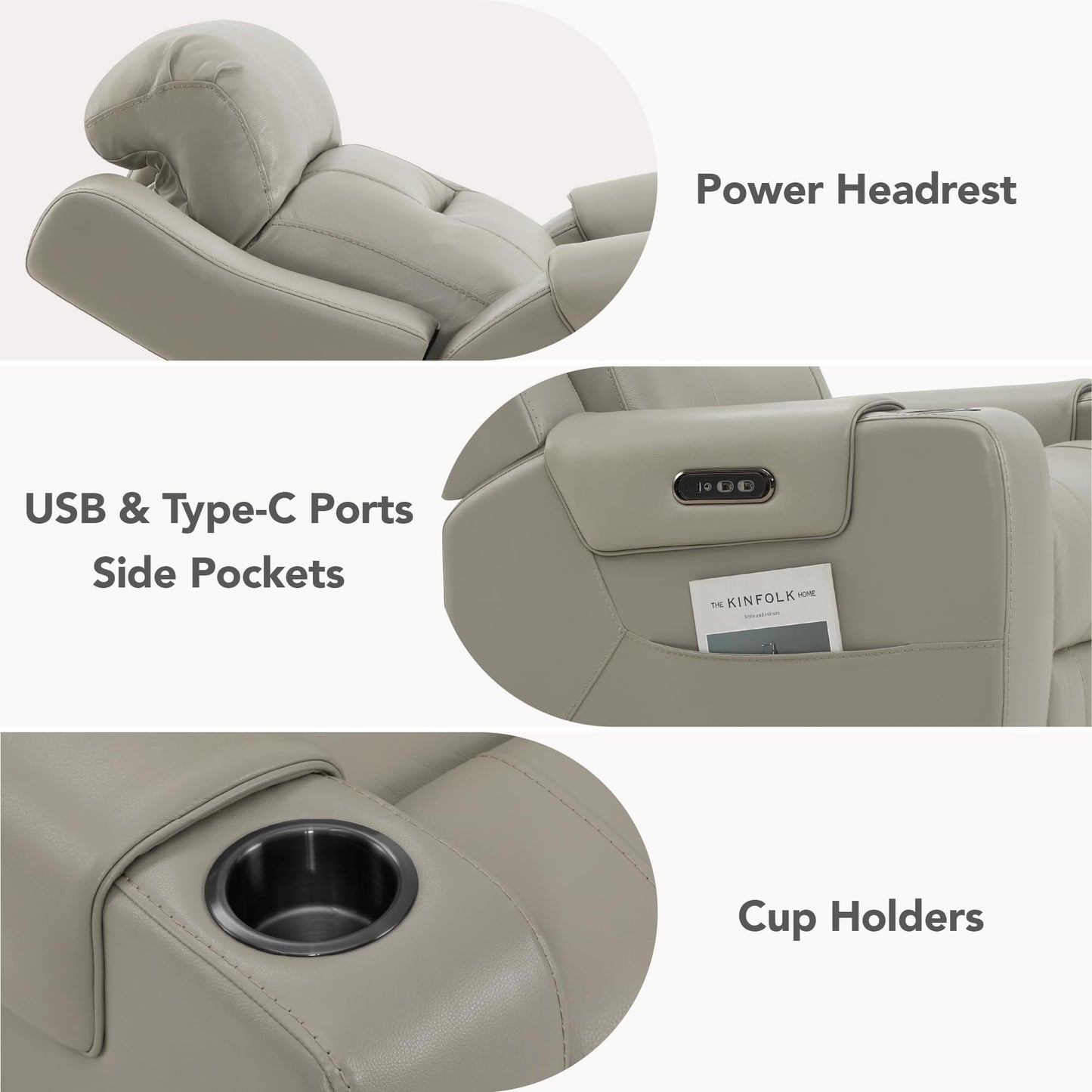 Watson & Whitely Genuine Leather Power Recliner Chairs for Adults, Lay Flat Recliner with Power Headrest, USB Ports and Cup Holders, Electric Reclining Sofa for Living Room, Bedroom, Grey