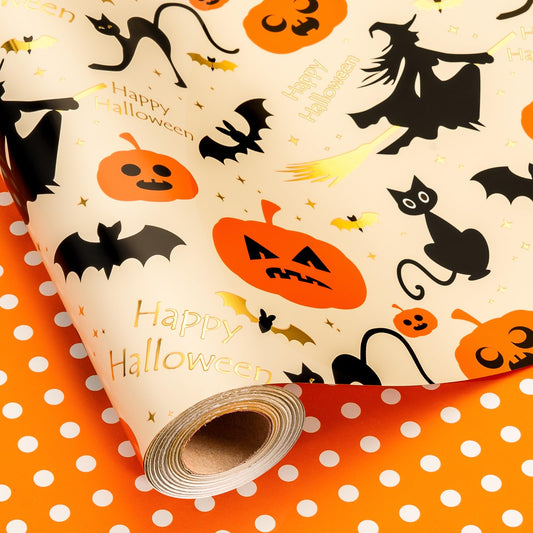 Burymento Reversible Halloween Wrapping Paper, Pumpkin, Witch Hat and Polka Dot Design, Suitable for Halloween, Christmas Nightmare Holidays, Parties, Mini Rolls (17 Inches X 32.8 Feet)