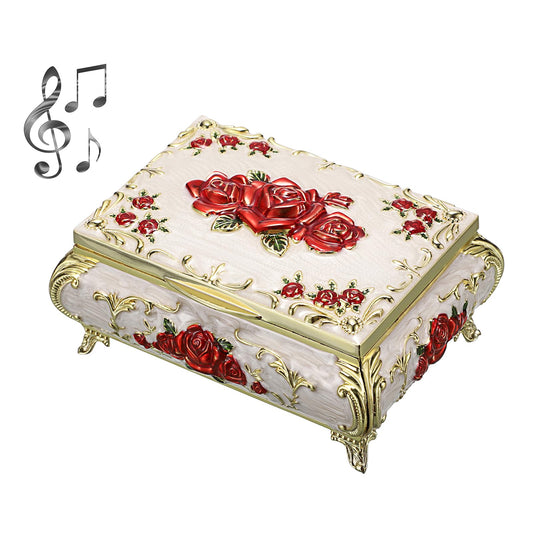 ELLDOO Vintage Music Box, Beige Metal Musical Jewelry Box Keepsake Box, Small Trinket Jewelry Storage Box Gift for Girl Women (Tune: You are My Sunshine), Red Rose Pattern
