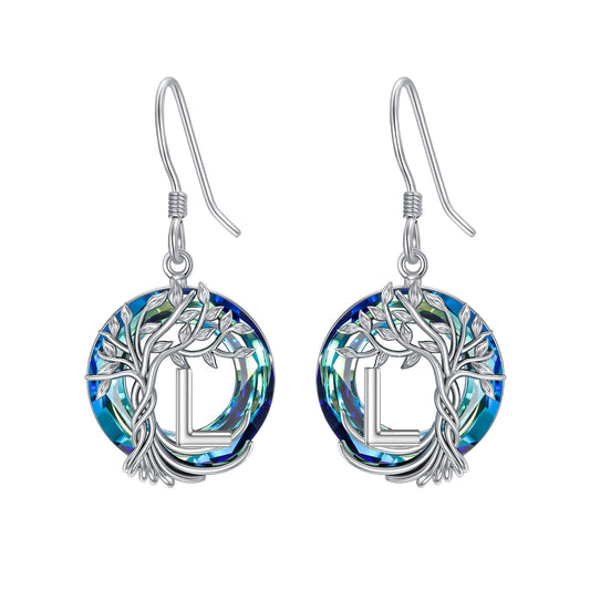 TOUPOP Tree of Life Initial Earrings Sterling Silver Initial L Letter Drop Dangle Earrings Blue Circle Crystal Family Tree Jewelry Birthday Mothers Day Gifts for Women Mom Her