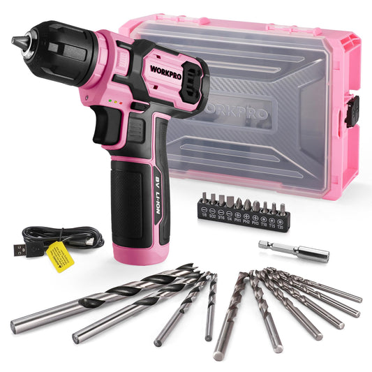 WORKPRO Pink Power Drill Set and Stackable Tool Box, 8V Cordless Drill Driver with Bit Set, 2.0Ah Electric Cordless Screwdriver Kit with 3/8" Keyless Chuck, For Home DIY- Pink Ribbon