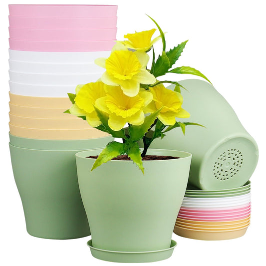 Meowell 6 inch Plastic Nursery Pots, 16 Pack Plant Pots for Small Indoor Outdoor Plants, Flower Pots with Drainage Holes and Saucers, Decorative Seedling Starter Planters for House Plants, Colorful
