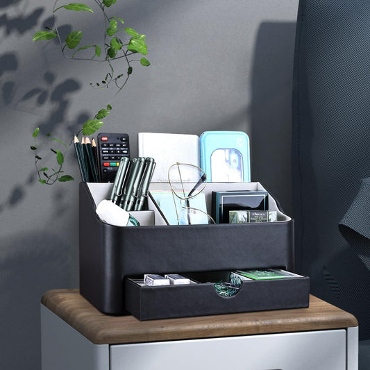 KINGFOM Desk Organizer with Drawer, Multifunction Pencil Holder for Desk, Desk Organizer and Accessories 5 Compartments for Home Office Supplies (Black)