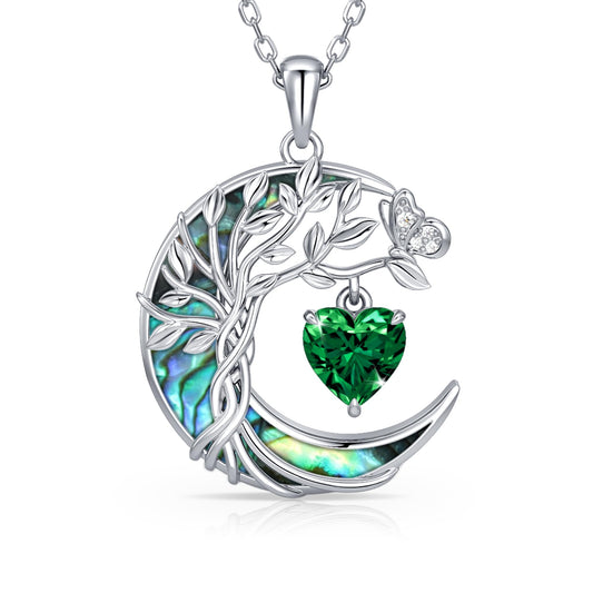 Distance Tree of Life Birthstone Necklace for Women, S925 Sterling Silver Premium Abalone Shell Moon Pendant May Heart Birthstone Necklace, Emerald Jewelry Christmas Birthday Gifts for Her Mom Wife