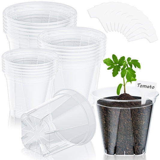 Groodo 18 Pack Clear Nursery Pots for Plants, 5.5/5.9/6.3 Inch Reinforced Plastic Plant Pots with Drainage Holes High Transparency Plant Pot Seed Starter Pot High Transparency with 10 Plant Labels