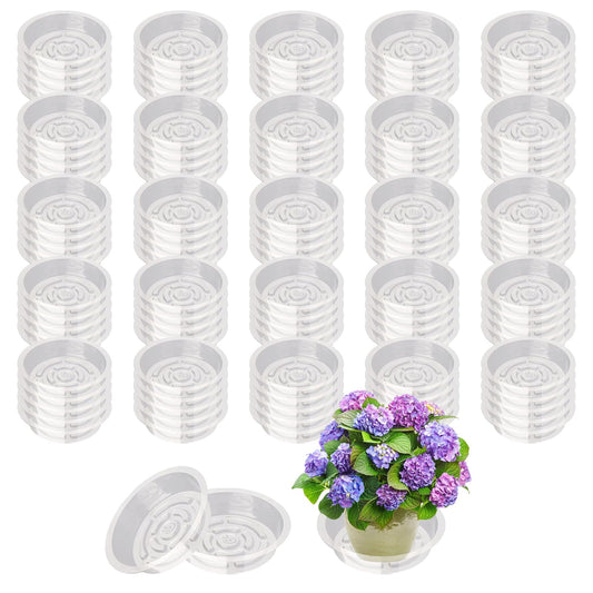 Hyuetrsa Plastic Plant Saucers 100 Pack of 6 Inch Clear Plant Water Trays Durable Plastic Flower Pot Saucers Plant Drip Trays Suitable for Indoor and Outdoor Plants（Clear）
