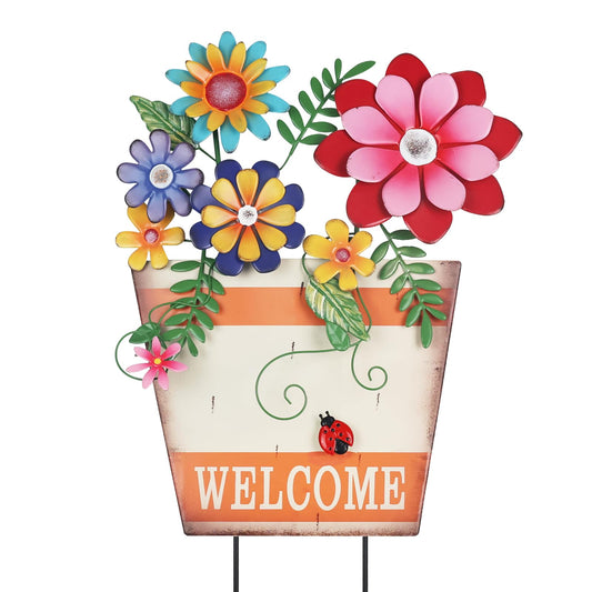 hogardeck Garden Decor for Outside, Metal Flower Pot Decorative Garden Stakes with Flowers for Spring Decor, Yard Art Welcome Sign for Outdoor Garden Lawn Backyard Porch Patio Decorations