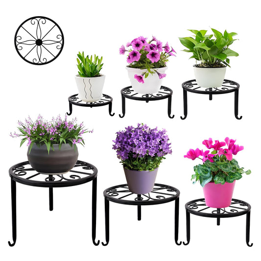 6-Pack Metal Plant Stand,Heavy Duty Flower Pot Stands for Multiple Plant,Outdoor Anti-Rust Plant Pot Shelf, Round Plant Holder for Outdoor/Indoor Planter, Living Room, Balcony Decor (6PACK BLACK)
