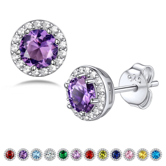 Bestyle 925 Sterling Silver CZ Created Round Diamond Studs | Classic Silver February Amethyst Birthstone Earrings for Women, Great Birthday Gift for Wife/Mom/Grandma