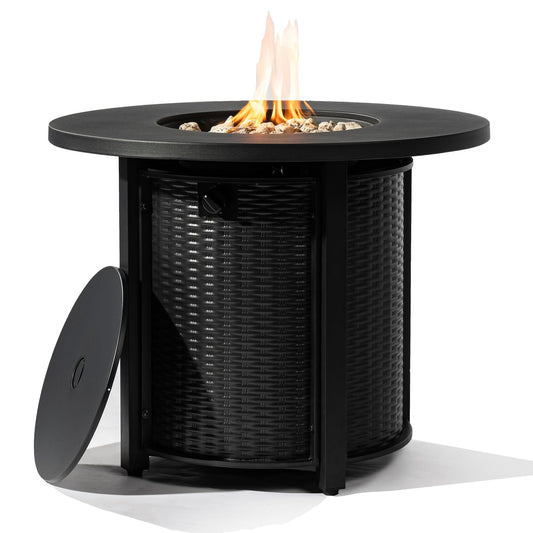 32'' Round Gas Fire Pit, 50,000 BTU Steel Outdoor Fire Tables, Fire Table with Lid, Add Warmth & Ambience to Gatherings and Parties On Patio Deck Garden Backyard, Black.
