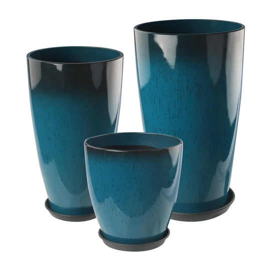 Goldshire 24-21-11 Inch Tall Planters Set of 3, Indoor Outdoor Blue Glossy Round Planter with Drainage Hole and Saucer, Large Decorative Plant Pots for Home Garden Porch (Blue)