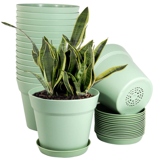 WOUSIWER 16 Pack 6 inch Plastic Planters, Plastic Indoor Planter Flower Pots, Heavy Duty and Stylish 6 Inch Plant Pots for Indoor Plants with Drainage Holes and Tray for Plants Flowers, Green