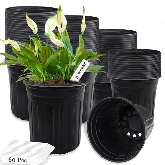 Qyyiguf 60 Pcs 1 Gallon Plant Nursery Pots,Plastic Pots with Drainage Holes,Garden Flower Container Seedling Pot with White Label for Planting,Cuttings,Transplanting,Home Garden(Black)