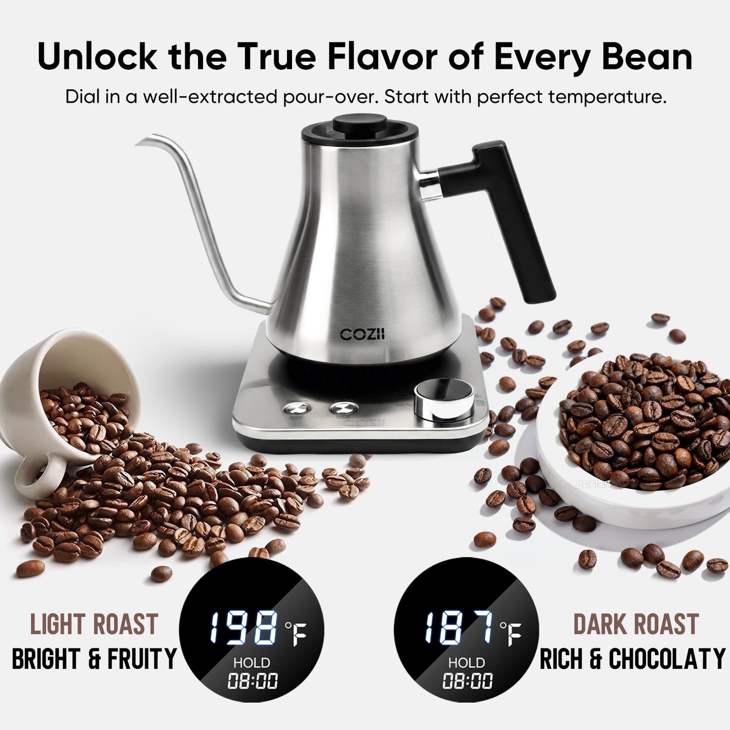COZII Gooseneck Electric Kettle with ±1°F Temperature Control, 1200W Quick Heating for Pour Over Coffee & Tea, 0.9L Water Boiler with 24H Keep Warm & Auto Shut Off, Stainless Steel Interior, Silver