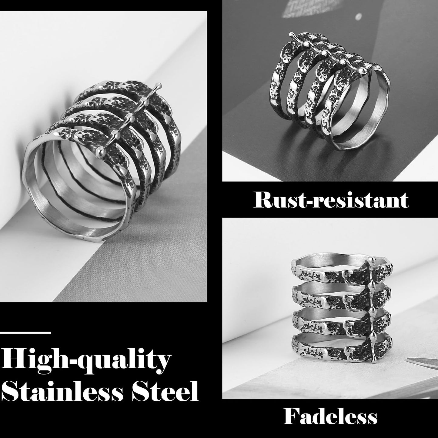 HZMAN Gothic Punk Spine Skeleton Ring Bone Stainless Steel Rings for Men Women Biker Jewelry Gift (Size,9)