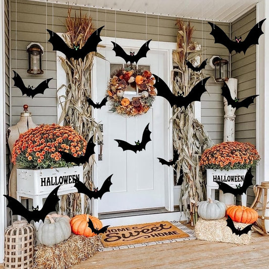 Lofeijxufj Halloween Decoration Hanging Bats 12 Pieces，3 Different Size Realistic Scary Large Flying Bat Decor with Cute Eye Stickers for Outdoor Indoor Tree Porch Yard Lawn Spooky Party Decoration