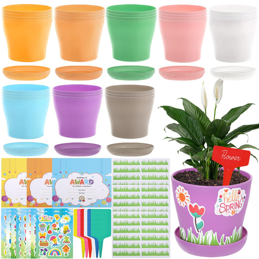 Wenceda 30 Pack Garden Pot Craft Kit, DIY Spring Pot Plastic Planter with Tray, Include Plant Tag/Certificate of Award/Spring Sticker, Flower Plant Craft for Classroom Home Party DIY Flower Planting