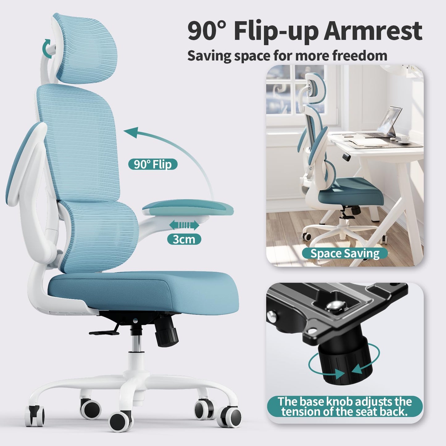 TRALT Office Chair Ergonomic Desk Chair, 330 LBS Home Mesh Office Desk Chairs with Wheels, Comfortable Gaming Chair, High Back Office Chair for Long Hours (Sky Blue)