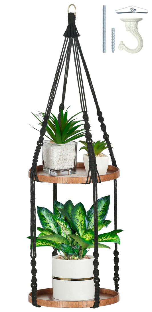 Shineloha 2 Tier Macrame Plant Hanger | Plant Hanger Indoor, Hanging Planter | Hanging Planter Shelf (Large, 12" Shelf)