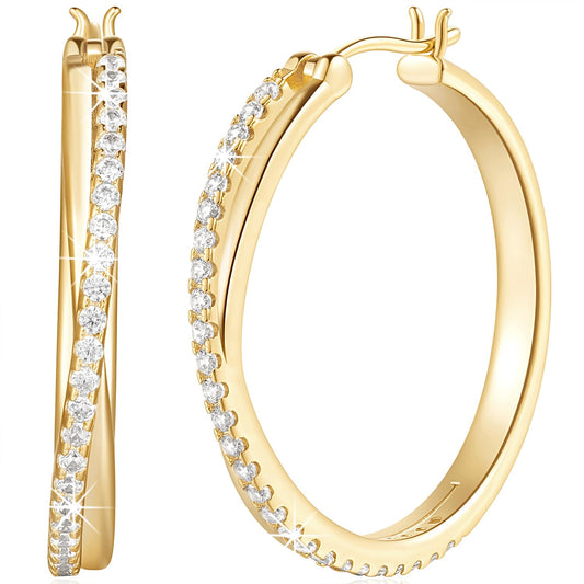 ELEBEST Hoop Earrings 14K Hoop Gold Earrings for Women Thick Large Diamond Hoops Earring Elegant X-shaped Gold Huggie Earring 30mm
